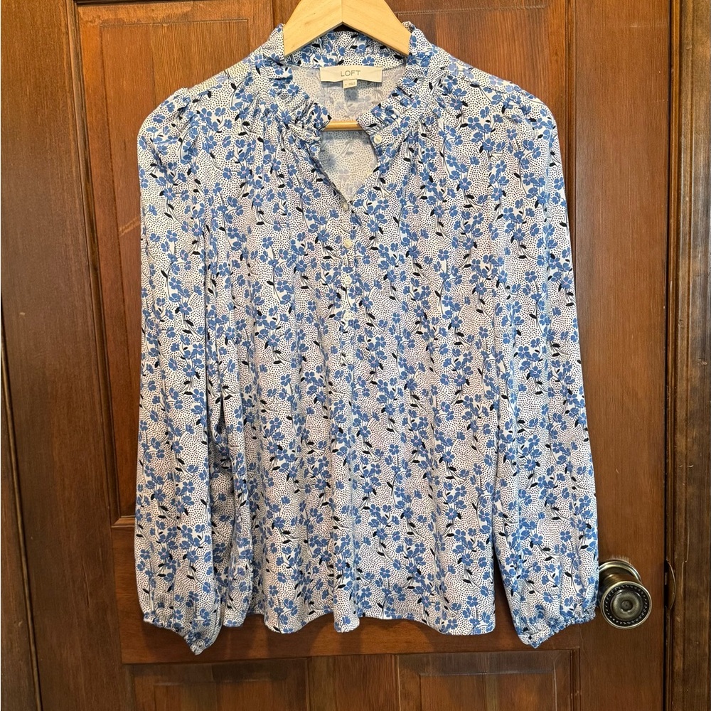 LOFT Blue Ruffled Mandarin Collar Blouse